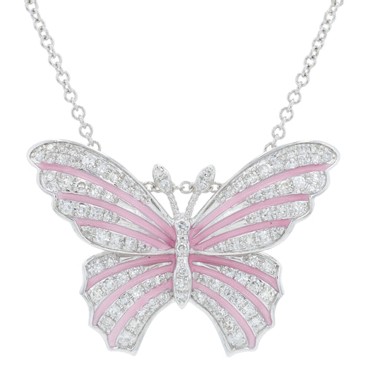 14K WF EFFY 0.37 CT Diamond & Pink Enamel Butterfly Pendant