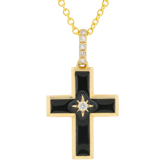14K YG EFFY .04 CT Diamond & Black Enamel Cross Pendant