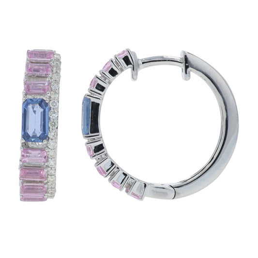 14K WG 1.60 CT Pink & Blue Sapphire Hoops