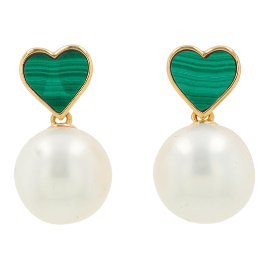14K YG EFFY .81 CTW Malachite & Pearl Heart Earrings