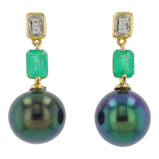 14K YG EFFY Freshwater Pearl & Emerald Earrings