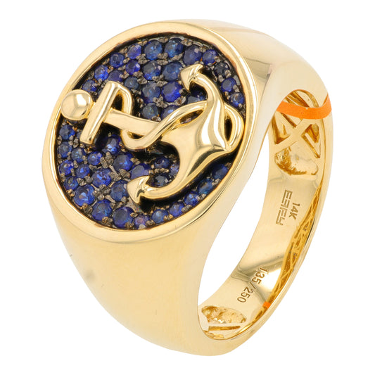 14K YG EFFY .74 CT Sapphire Anchor Gents Ring