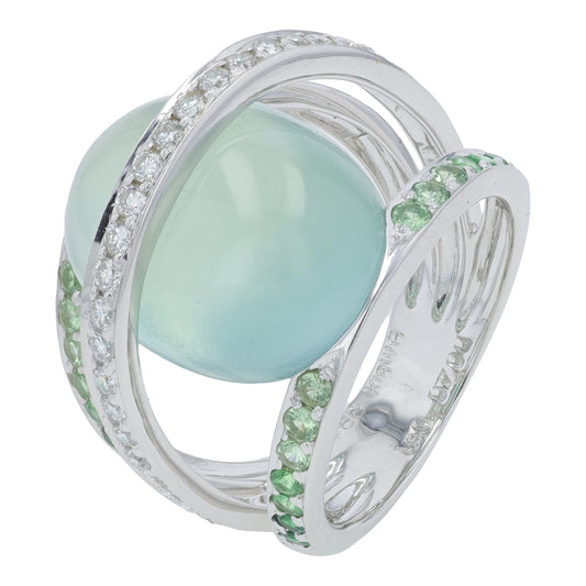 18K WG 14.68 CT Prehnite Crossover Ring