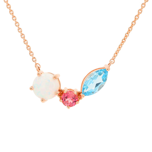 10K RG Created Opal, Pink Tourmaline & Blue Topaz Necklace