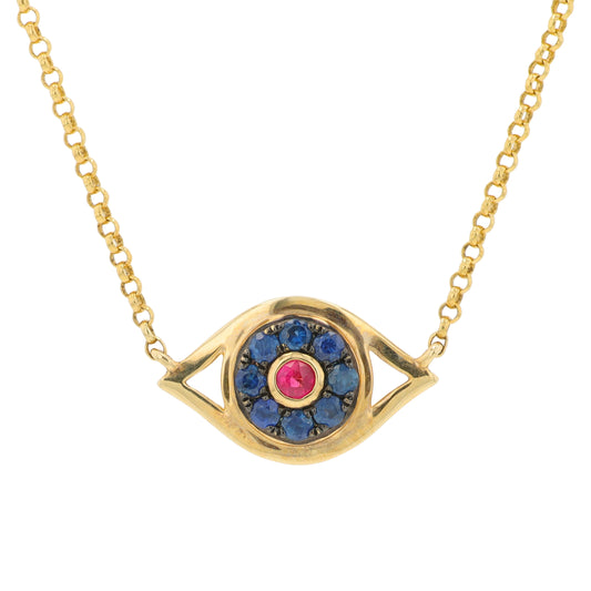 14K YG EFFY .19 CTW Sapphire & Ruby Evil Eye Pendant