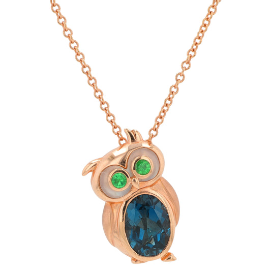 14K RG EFFY 2.15 CT London Blue Topaz, Mother of Pearl & Tsavorite Owl Pendant