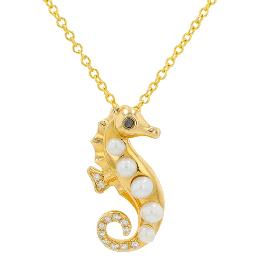 14K EFFY YG Fresh Water Pearl Seahorse Necklace
