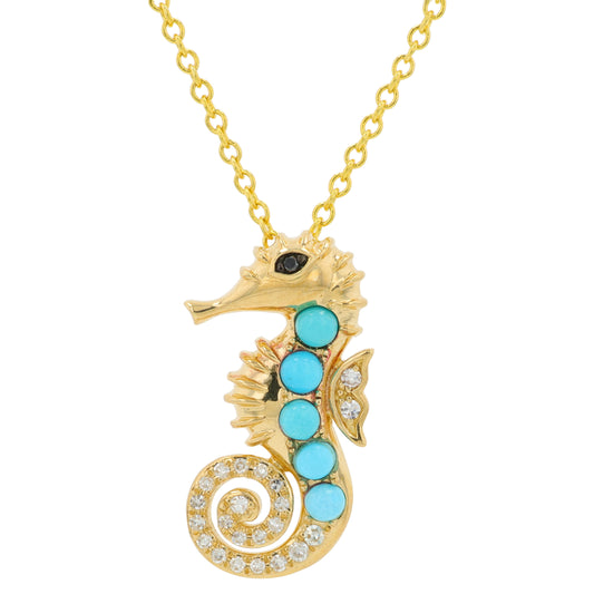 14K YG EFFY 0.30 CTW Turquoise Seahorse Pendant