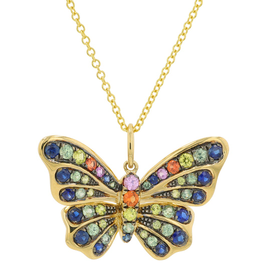 14K YG EFFY 1.21 CT Multicolor Sapphire Butterfly Pendant