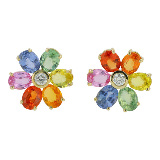10K YG 2.75 CTW Multicolor Sapphire Flower Earrings